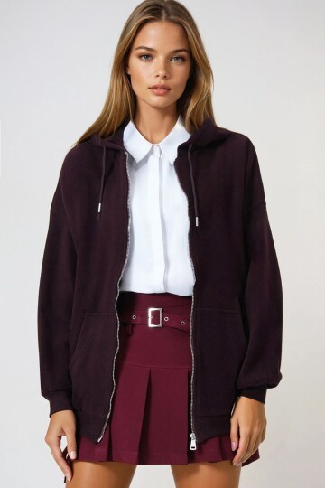 Çift Cepli Fermuar Kapamalı Kapüşonlu Hırka