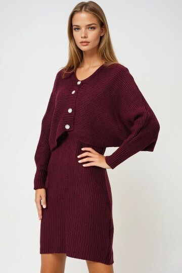 Düğme Kapamalı Crop Hırka ve Ön Arka V Yaka Fitilli Triko Elbise Takım