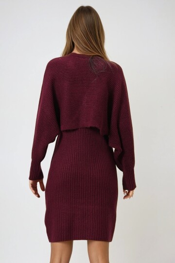 Düğme Kapamalı Crop Hırka ve Ön Arka V Yaka Fitilli Triko Elbise Takım