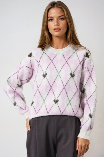 Bisiklet Yaka Kalp ve Baklava Desenli Yumoş Kazak