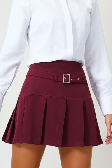 Pileli Kemerli Mini Etek