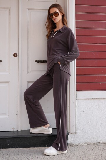 Polo Yaka Biye Detaylı Modal Kumaş Alt Üst Takım