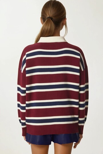 Polo Yaka Çizgili Triko Kazak