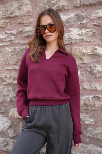 Polo Yaka İçi Şardonlu 3 İplik Sweatshirt