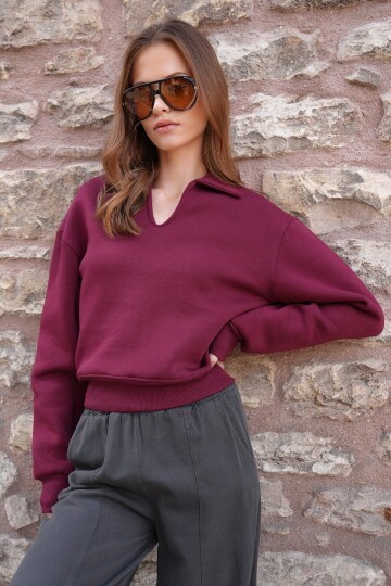 Polo Yaka İçi Şardonlu 3 İplik Sweatshirt