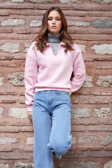 Polo Yaka İçi Şardonlu 3 İplik Sweatshirt