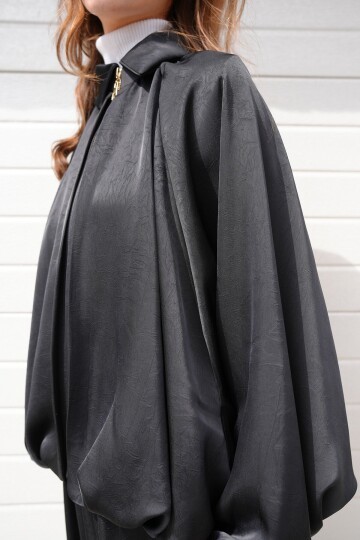 Polo Yaka Yarasa Kol Fermuar Kapamalı Ceket Ve Beli Lastlikli Pantolon Salaş Takım