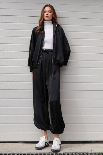 Polo Yaka Yarasa Kol Fermuar Kapamalı Ceket Ve Beli Lastlikli Pantolon Salaş Takım