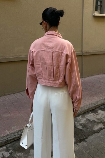 Pudra Çif Cepli Düğme Kapamalı Crop Denim Ceket