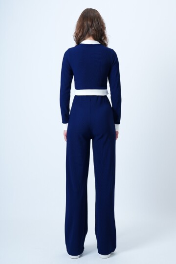 Renk Bloklu Crop Ceket Ve  Ottaban Pantolon Takım