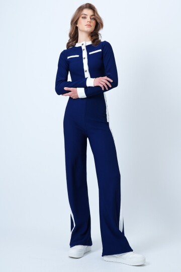 Renk Bloklu Crop Ceket Ve  Ottaban Pantolon Takım