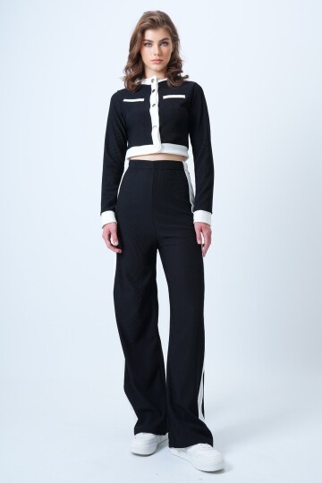 Renk Bloklu Crop Ceket Ve  Ottaban Pantolon Takım