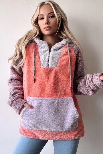 Renk Bloklu Kapüşonlu Yarım Fermuarlı Kanguru Cepli Oversize Sweatshirt