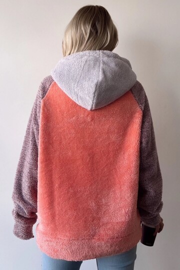 Renk Bloklu Kapüşonlu Yarım Fermuarlı Kanguru Cepli Oversize Sweatshirt