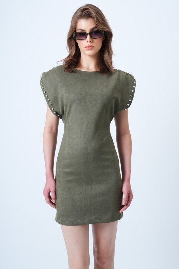 Sırt Dekolteli Omuz Vatkalı Omuz Droplu Süet Elbise