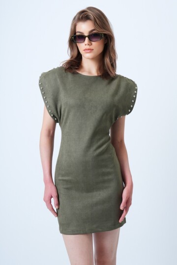 Sırt Dekolteli Omuz Vatkalı Omuz Droplu Süet Elbise