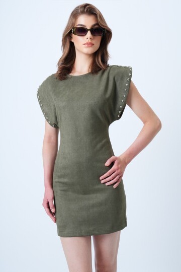 Sırt Dekolteli Omuz Vatkalı Omuz Droplu Süet Elbise