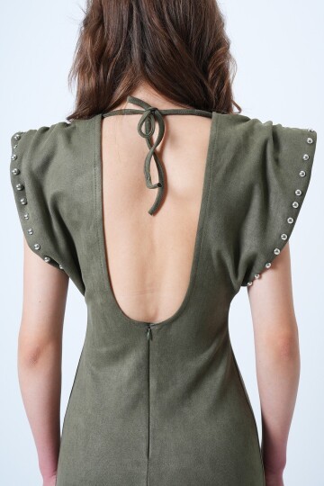 Sırt Dekolteli Omuz Vatkalı Omuz Droplu Süet Elbise