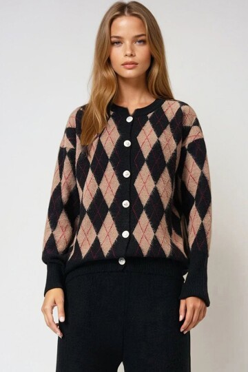 Siyah Argyle Desenli Triko Hırka Ve Düz Paça Pantolon Takım