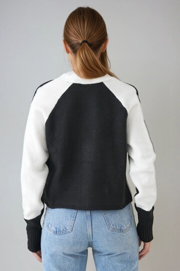 Siyah-Beyaz Renk Bloklu V Yaka Düğmeli Boğaz Detaylı Triko Hırka