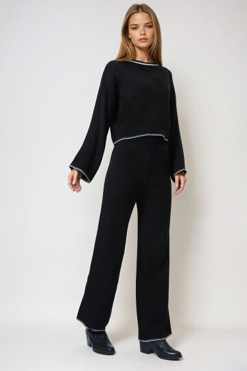 Siyah Biyeli Salaş Kazak Ve Triko Pantolon Takım