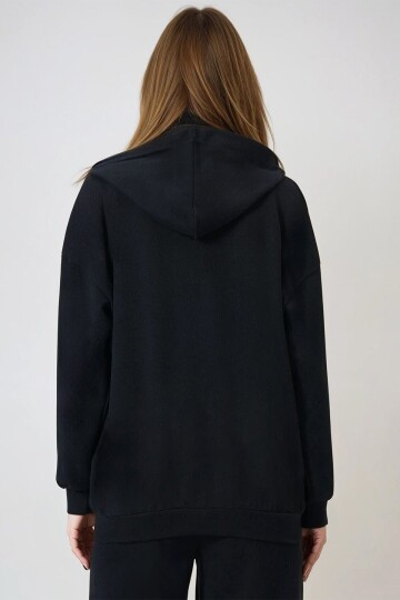 Çift Cepli Fermuar Kapamalı Kapüşonlu Hırka