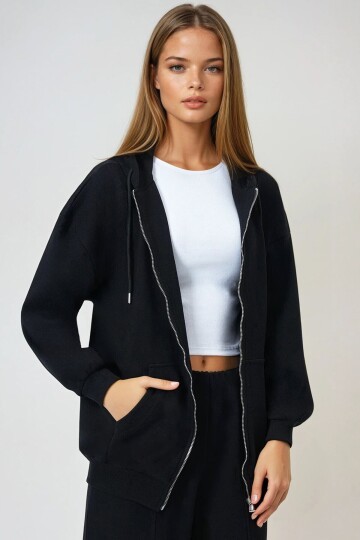 Çift Cepli Fermuar Kapamalı Kapüşonlu Hırka