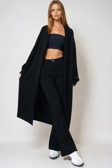 Siyah Çift Yaka Uzun Triko Hırka