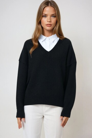 Düşük Omuz V Yaka Triko Kazak