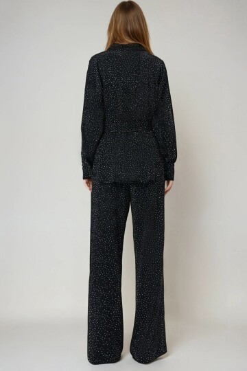 Siyah Fiyonklu Oversize Gömlek Ve Bağcıklı Beli Lastikli Taş İşlemeli İkili Takım