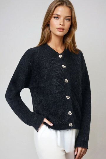 Siyah Kalp Düğme Detaylı Sakallı Hırka