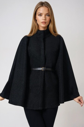 Siyah Kemerli Gizli Düğmeli Premium Pelerin