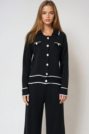 Siyah Kontrast Biyeli Polo Yaka Triko Hırka Ve Pantolon Takım