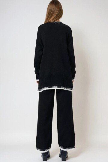 Siyah Kontrast Biyeli Triko Kazak Ve Pantolon Takım