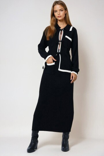 Siyah Polo Yaka Bağlamalı Triko Üst Ve Midi Etek Triko Takım