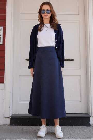 Süet Dokulu Beli Lastikli Geniş Kesim Midi Etek