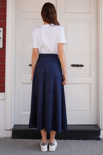 Süet Dokulu Beli Lastikli Geniş Kesim Midi Etek