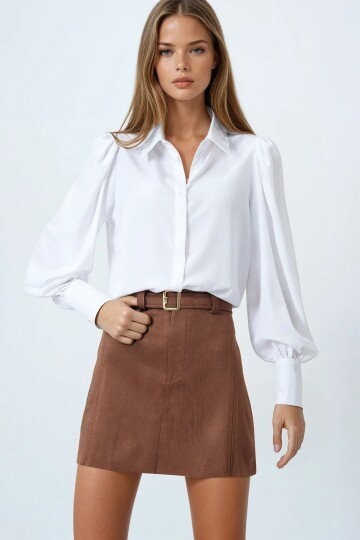 Taba Altın Tokalı Kemerli Süet Görünümlü Mini Etek