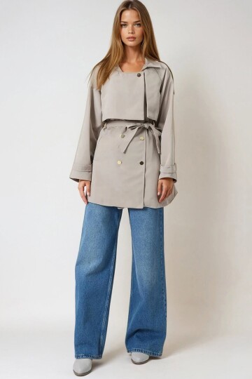 Taş Çift Cepli  Astarlı Kemerli Omuzu Ve Beli Apoletli Trençkot