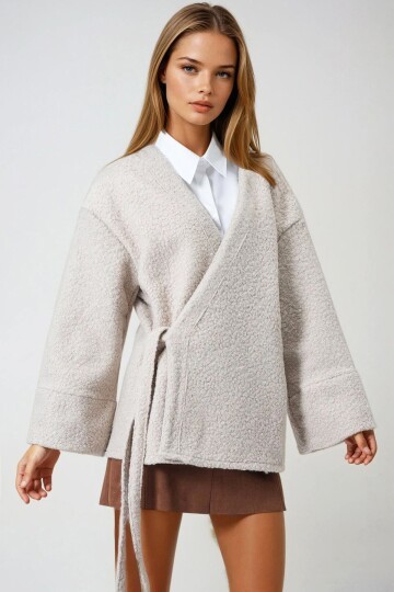 Taş Kruvaze Yaka Yandan Bağlamalı Premium Ceket