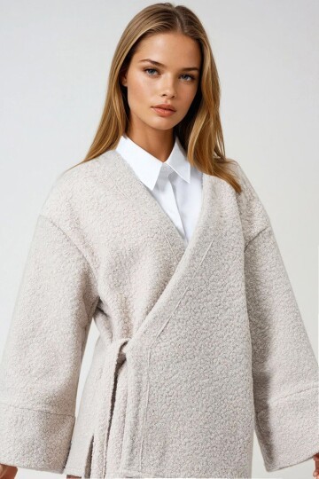 Taş Kruvaze Yaka Yandan Bağlamalı Premium Ceket