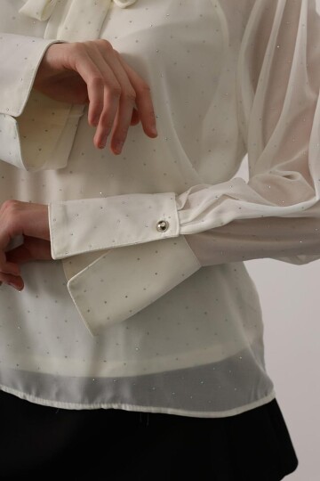 Taş Yapıştırma Detaylı Boyundan Bağlamalı Transparan Gömlek