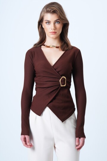 V Yaka Gold Aksesuarlı Ottaban Bluz