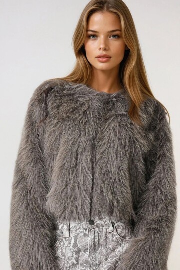 Vizon Agraflı Astarlı Püsküllü Crop Kürk Ceket