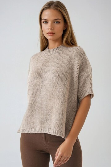 Vizon Yarım Kollu Yarım Balıkçı Yaka Oversize Yumuşak Dokulu Triko Kazak