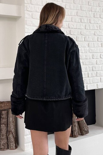 Yakası ve Kolları Pelu Fermuar Kapamalı Çift Cepli Denim Ceket