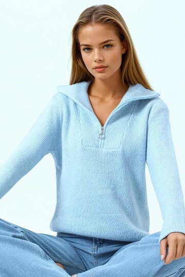 Yarım Fermuarlı Dik Yaka Triko Bluz