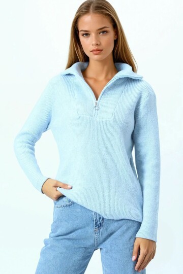 Yarım Fermuarlı Dik Yaka Triko Bluz