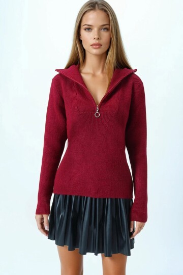 Yarım Fermuarlı Dik Yaka Triko Bluz