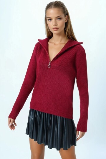 Yarım Fermuarlı Dik Yaka Triko Bluz